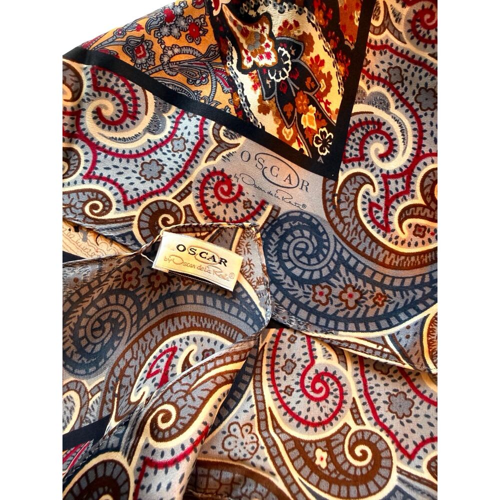 Vintage Oscar de la Renta Silk Paisley Patchwork Scarf 1980s NWT Brown Rust 34 - Picture 8 of 9